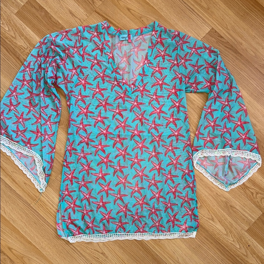 Letarte Handmade Turquoise Coral Starfish Tunic Swim Coverup Mesh Medium USA